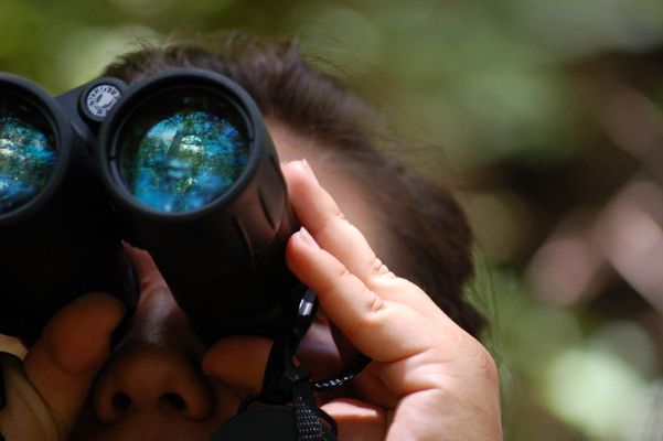 Boy with binoculars at summer nature camp near Austin, Texas