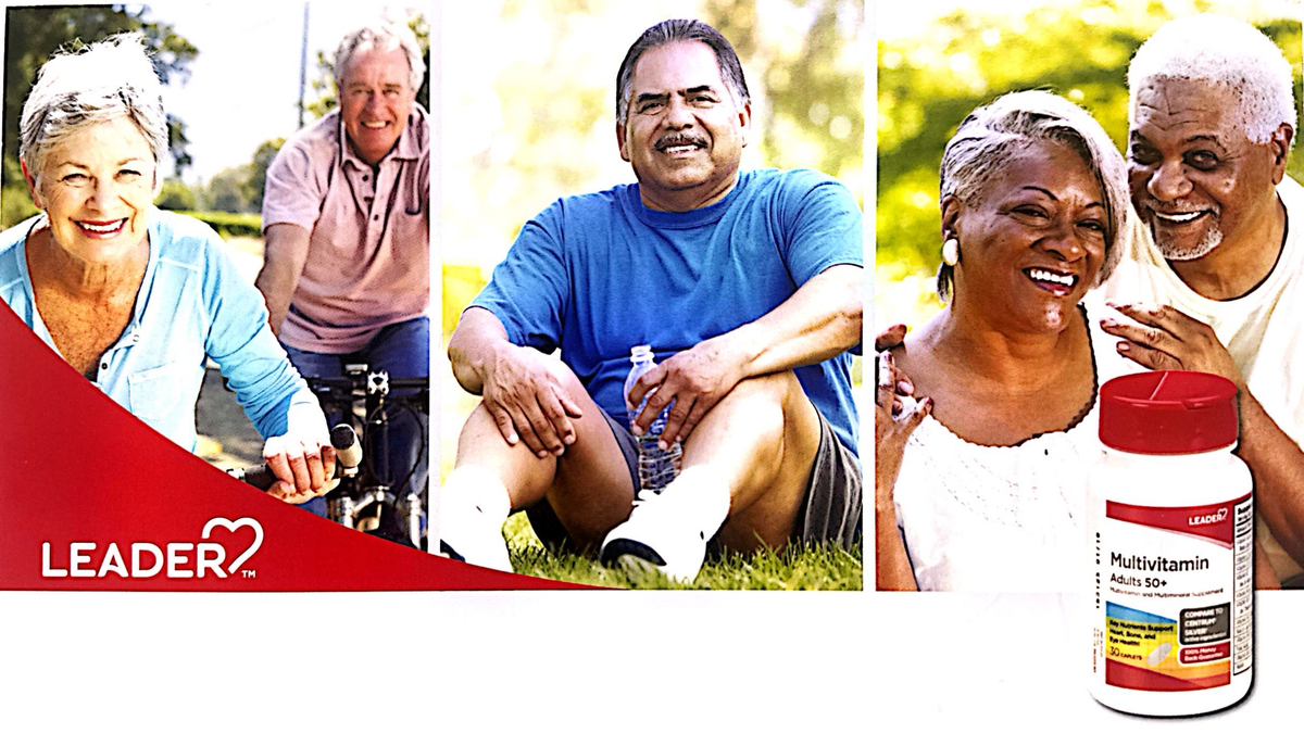 3 impages of elderly individuals with a LEADER multivitamin pill bottle