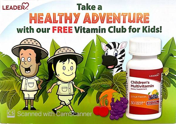 Safari graphic with a bottle of Leader Children's Multivitamin 