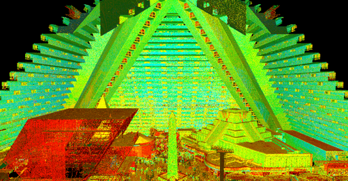 Intensity map point cloud of the Luxor Hotel in Las Vegas.