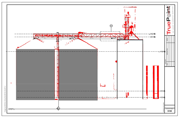 2D drawings of grain silos and overhead bridges and conveyor