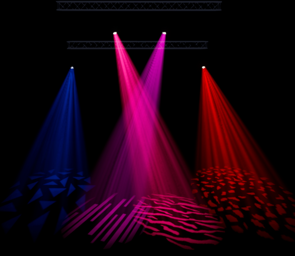 A mock-up of a blue, pink and red gobo runway by TSV Sound & Vision