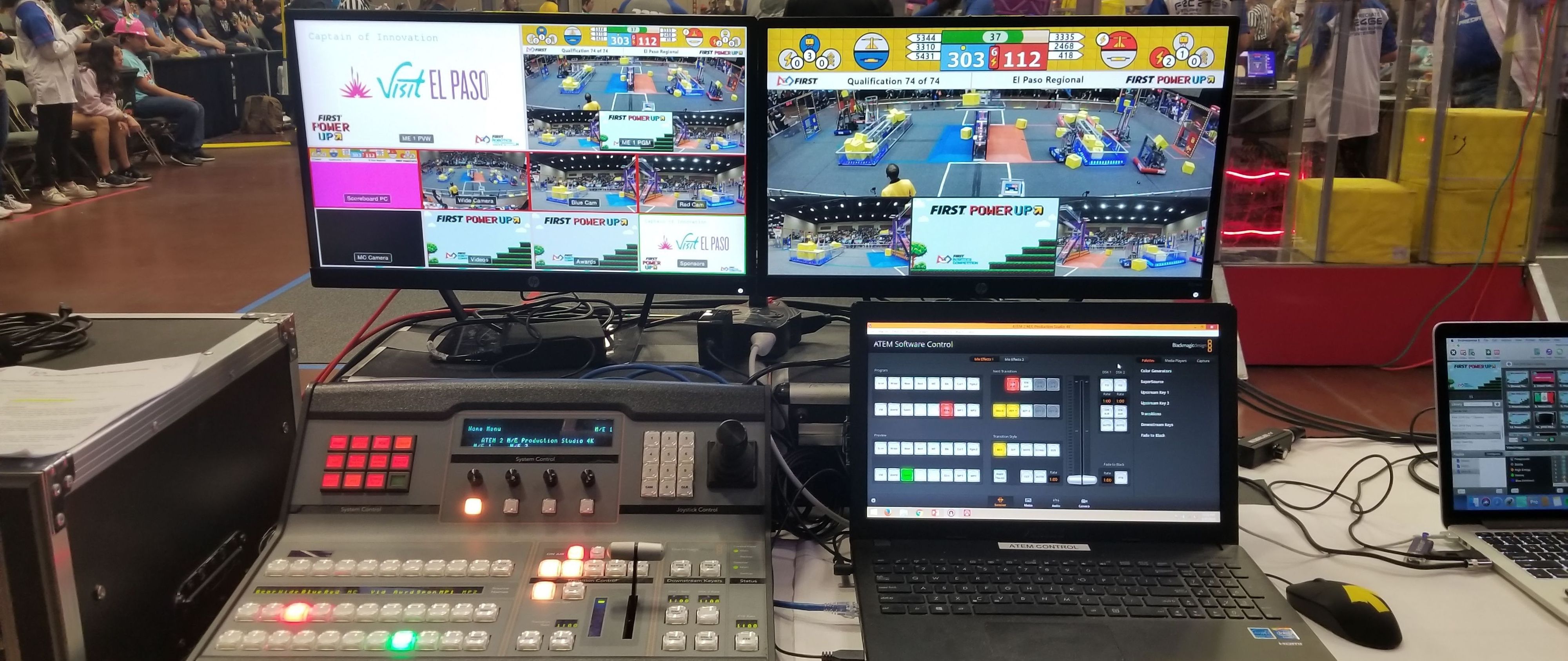 Video switcher screens at First Robotics event