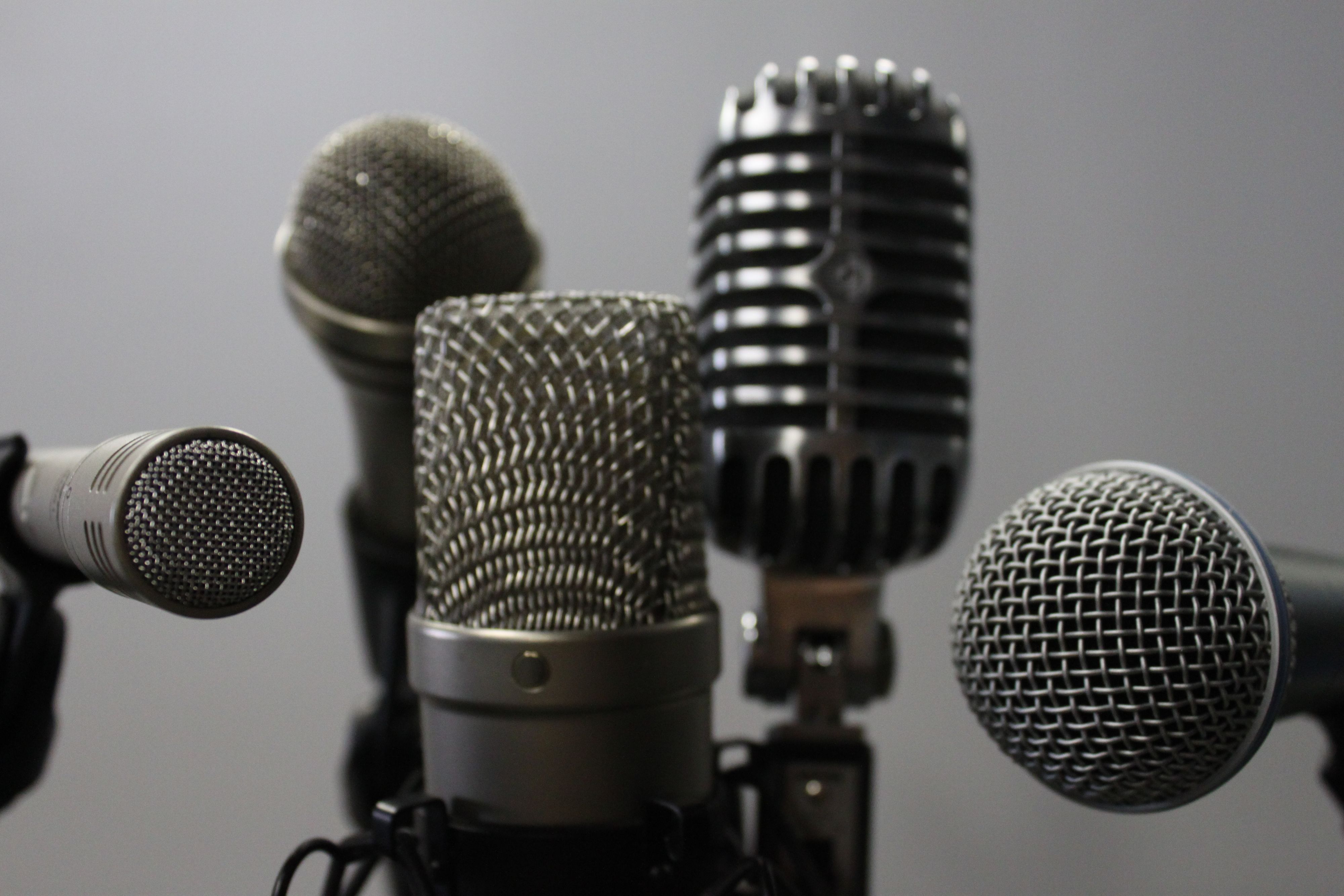 A stock image of a variety of microphones