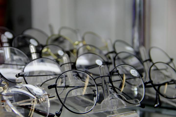 Eye glasses on display in the optics store. Eyewear