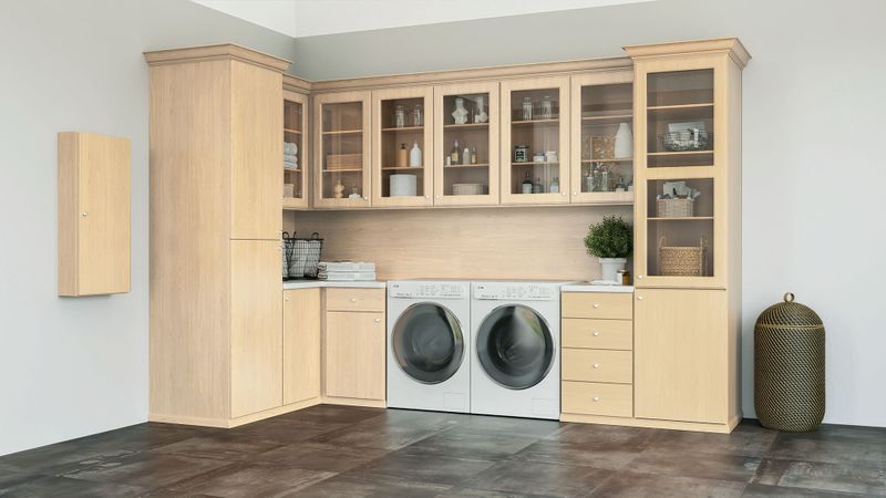 Pantry & laundry room closet organizers with custom shelving in Boston MA.