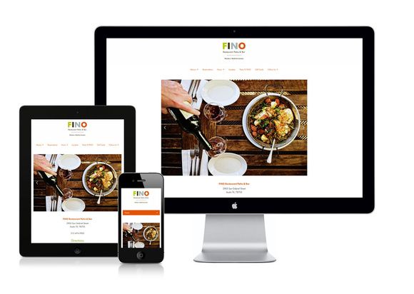The restaurant website www.finoaustin.com on PC, tablet and mobile devices, made with SpaceCraft. FINO website on three devices