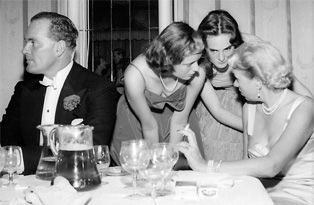 1950s 3 debs and guy at table bw.jpg