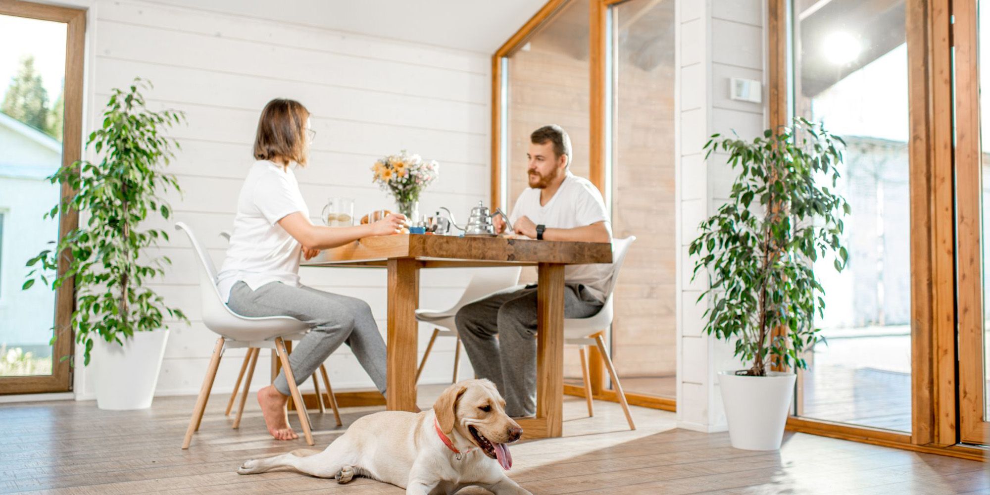 Couple eating at dining room table with their dog on the floor