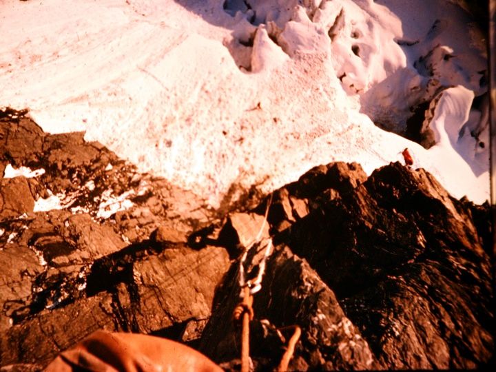 Shot taken from top end of pulley system. Note how close an avalanche came to our tent at Camp 1 (that tiny red rectangle at far right center)