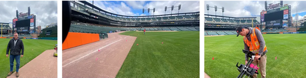 GPRS Marketing Director Vince Palko visited with Project Manager Parker Schings while he located utilities inside Comerica Park, home of the Detroit Tigers, before the backfield wall was moved inward by 10 feet in 2023. 