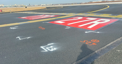 A photo of a taxiway at an airport showing the spray-painted mark-outs by GPRS for soil boring locations. GPRS scanned a 10x10 ft. area around each proposed soil boring location under the tarmac so that general contractor James J. Anderson Construction could safely complete 128 cores.