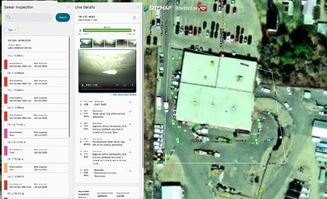 SiteMap Sewer Layer displaying NASSCO-compliant video pipe inspection data and mapped sewer lines at a New York energy facility SiteMap Sewer Layer Showing VPI Data and Mapped Sewer Lines