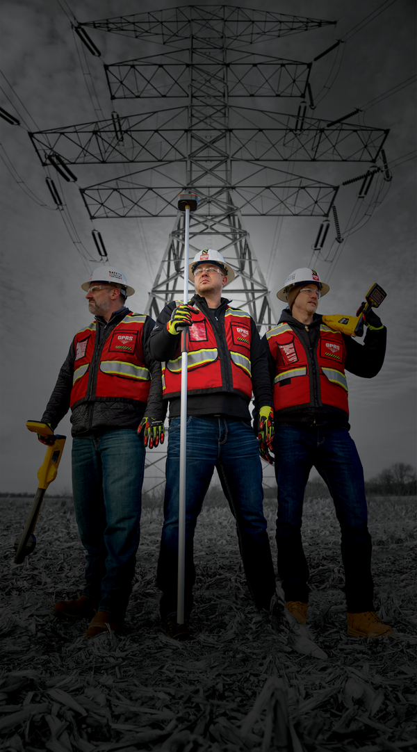 Three GPRS Project Managers in red vests, hard hats, and safety gear stand against a greyscale background featuring a power transmission tower. The Project Managers on the far left and far right are holding electromagnetic (EM) locators, the PM in the middle holds a GNSS satellite location pole. GPRS provides complete above and below-ground site visualization