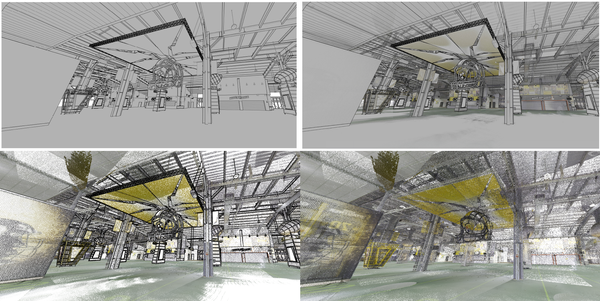 A four-part image depicting part of the area scanned inside Acrisure Stadium by GPRS. From the lower right: A colorized 3D point cloud, a black and white 2D CAD drawing, and a 3D Revit model. GPRS’ in-house Mapping & Modeling Team produced colorized point clouds, CAD drawings, and a Revit model to assist C3 Presents in outfitting the stadium for the NFL Draft event.