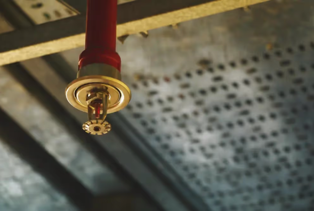 A close-up of a fire suppression system sprinkler valve – brass coming out of a red pipe. Leaks in fire loops can impact safety, increase costs, and lead to code violations.