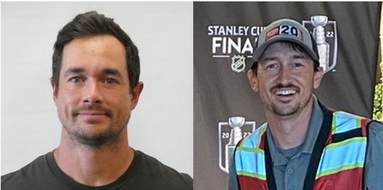 Two photos side by side, showing two men with dark hair. The photo on the left, is of GPRS Project Manager Matthew Pudimott, wearing a black tee shirt. On the right is GPRS Area Manager Ryan Shannon, dressed in GPRS PPE, standing in front of a 2022 Stanley Cup banner.