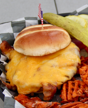 bacon, cheddar, provolone, Swiss & American Flag City