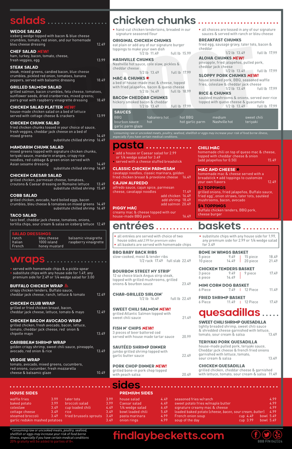 Menu Beckett's Burger Bar Beckett's Findlay Ohio