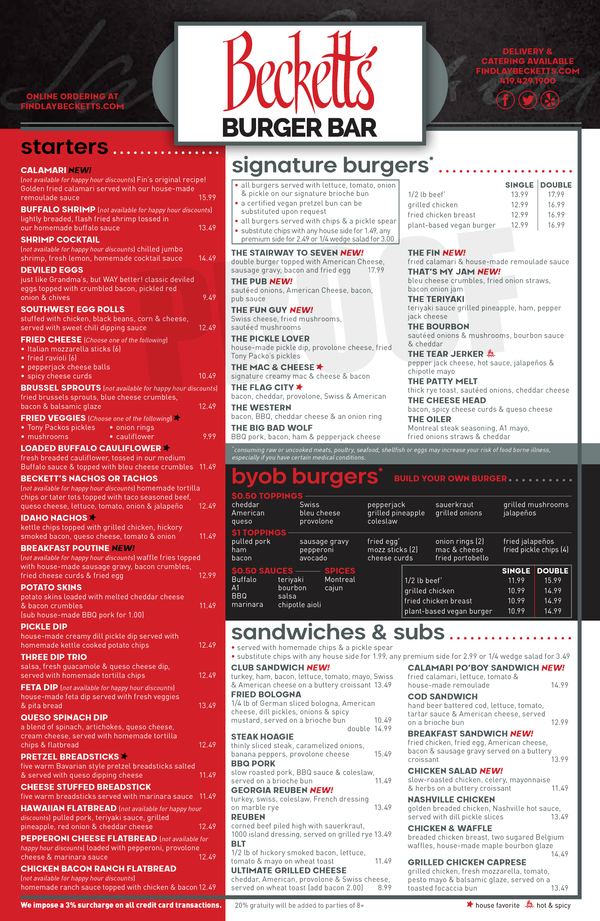 Menu Beckett's Burger Bar Beckett's Findlay Ohio