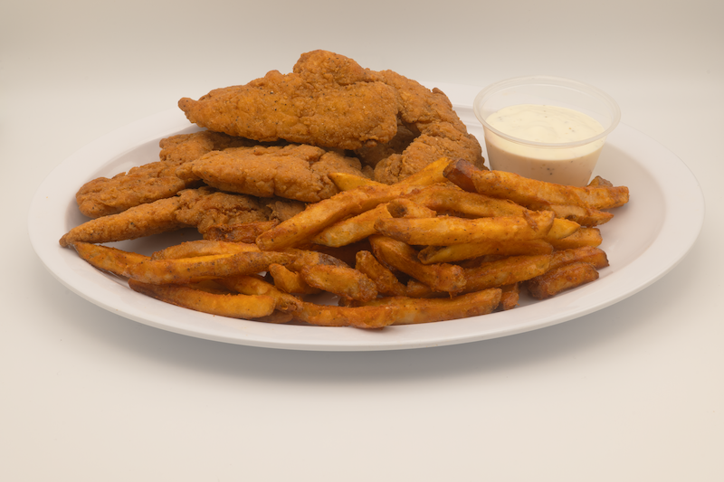 Found on our Kid's Menu, this meal includes 6 chicken strips, fries, and your choice of sauce. Chicken Strips & Fries