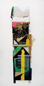 Acrylic, latex, gold, glue, cardboard, staples, screws, plexi, tape, fluorescent light, paper, ruler, recycled bag, 48” x 16” Raul Gonzalez - Bridge 12 (Self Portrait Post Berlin)