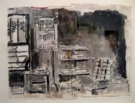Ink on found paper, 11.5” x 9.5” Pat Snow - Inside Smelly’s Garage