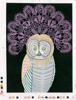 Hand painted acrylic on test screen print, 18” x 24” Jennifer Davis - Owl