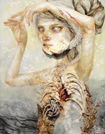 2014, Ink, muskrat ribs and jaws, squirrel and raccoon vertebrae, dried succulent part, dried wasp nest parts, dried mimosa leaves and vintage fabric, 11 x 14 in. Megan Kimber - Bilateral; does the death of one heart creat a ghost?