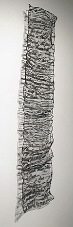 Thread, netting, synthetic raffia, 16” x 60” Loren Schwerd - At the Foot of Paradise