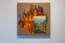 2018, embroidery on vintage needlepoint and acrylic on vinyl, 40" x 40". Suchitra Mattai - Take Quiet Leave
