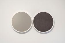 2020, hand woven cotton, natural dyes, foam, wood, 21 x 21 x 1 1/2 inches. Untitled (Two Circular Ones)