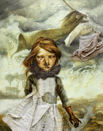 Ink & mixed medial, 11” x 14” Megan Kimber - Fox girl’s laundry and the coming storm