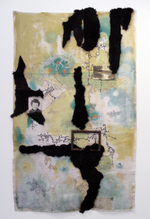 Graphite, acrylic, augmented photo, wooden frame, skeleton key,
damaged postcard, vellum fragment, cotton thread, repurposed fur coat, 31” x 51.5” Cherie Weaver - Plat Map Of Apportation