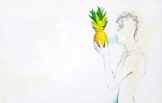 Gesso, house paint, charcoal, pencil, charcoal, pencil, acrylic, and lacquer on canvas, 2013, 50" x 32" Jaelah Kuehmichel - Fine Fruit Fills the Tongue