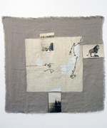 Acrylic, graphite, cotton floss, photos & book fragment
on unstretched linen, 31” x 51.5” Cherie Weaver - Subtle Pride of Past Lives