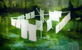 Oil, watercolor, and ink on canvas, 2015. 77" x 127" Elizabeth McDonald - Rasa Cloth