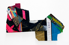 Wood, cardboard, duct tape, packing tape, paper, plexi, screws, nails, chipboard, marker, ballpoint pen, acrylic, gold, 13” x 19.75“ Raul Gonzalez_Small Bridge 5 (Queen and the King)