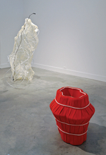 2014, Steel, paper, epoxy, plastic, 71 x 48 x 45 in. & 2014, DH video, tablet, terrycloth, steel, batting, polychromed epoxy, 32 x 25 x 21 in. Gracelee Lawrence - Pastorealis & Cherries and Sugar