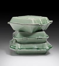 2023, slip cast porcelain, Korean celadon glaze, 7 x 9 x 9 inches. Yoonmi Nam - Cairn(large)