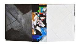 Acrylic, latex, duct tape, canvas, ballpoint pen, gold, marker, graphite, gouache, fluorescent light, 24” x 42” x 4” Raul Gonzalez - Bridge 10 (Black, White and Everything in Between)