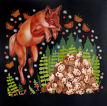 Acrylic on panel, 12” x 12” Stephanie Chambers - Jumping Fox - Look Where You Leap or You'll Break My Eggs