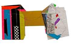 Cardboard, duct tape, digital photo, vellum, gesso, plexi, nails, board, packing tape, acrylic, marker, gold, 11” x 17“ Raul Gonzalez - Small Bridge 8 (Landscape to Landscape)