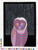 Hand painted acrylic on test screen print, 18” x 24” Jennifer Davis Owl