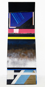Acrylic, latex, wood, plexi, canvas, wood, cardboard, duct tape, marker, nails, screws, tape, 70” x 24” Raul Gonzalez - Bridge 11 (Post Berlin)