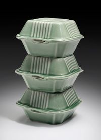 2023, slip cast porcelain, Korean celadon glaze, 8 x 5.25 x 5.25 inches Yoonmi Nam - Cairn (3stack)