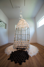 2014, Bamboo, charcoal, cloth, paper, salt, sisal, 115” x 74” x 74” Teruko Nimura - Chrysanthemum Veil