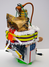 Mixed media, 7x9x15", 2015 Robert Jackson Harrington - Gold-top, Dog trades ability to see for a cardboard box