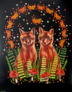 Acrylic on panel, 16” x 20” Stephanie Chambers - Twin Foxes - We Had Shared the Moon, the Stars and the Ocean this Whole Time Without Meeting, Until Now, When We Shared the Harvest Moon