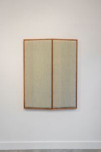 2020, hand woven cotton, natural dyes, foam, sapele mahogany, 41 3/4, 55 x 1 3/4 inches. Untitled (Off Blue left and Right)